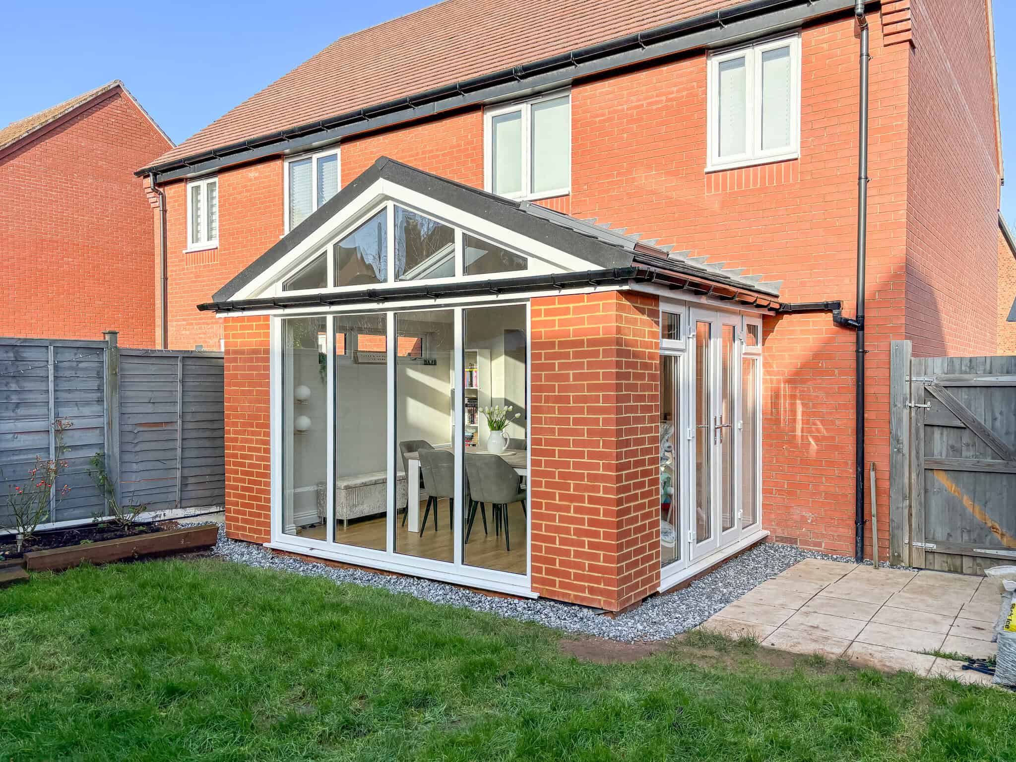 Modular extension with brick slip finish on a semi-detached home in Stratford-upon-Avon, Warwickshire