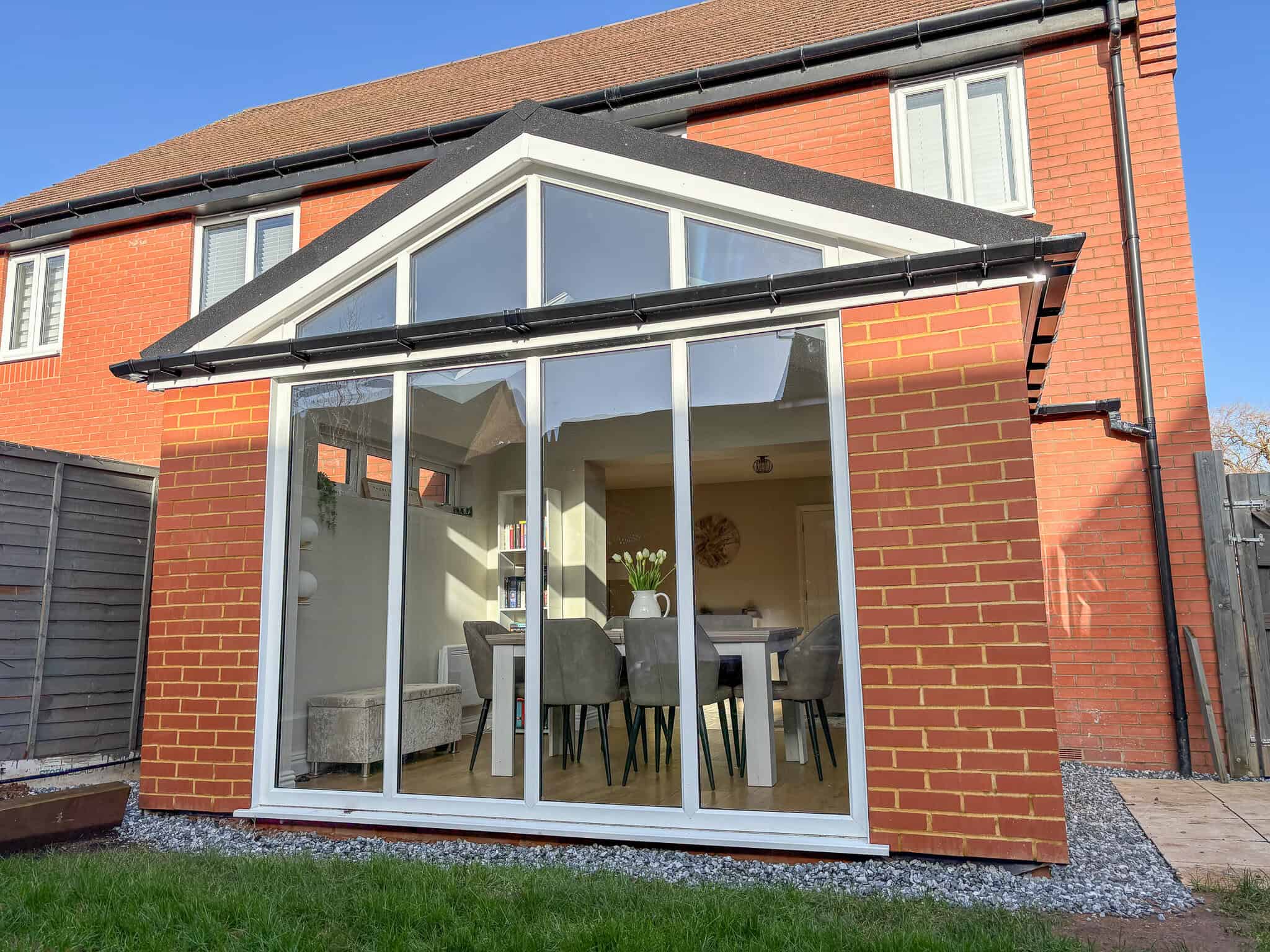 Exterior of the modular extension with brick slip finish and glazed gable end